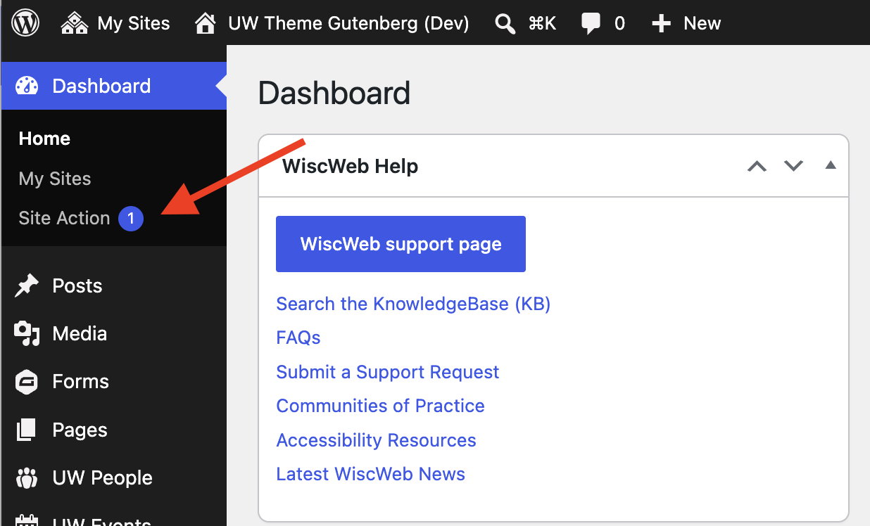Site Action highlighted in the sidebar menu of the WordPress admin dashboard below My Sites.