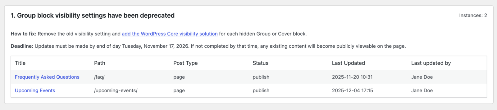 Two pages that require action with instructions, showing the page title, link, author, and deadline to fix.