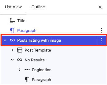 Query Loop selected in List View