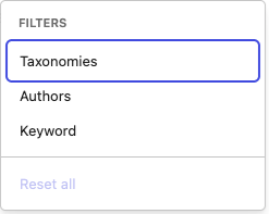 Taxonomies option selected in the Filters menu