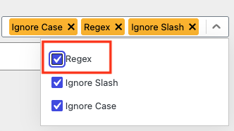 Dropdown of redirection settings including Regex, Ignore Slash, and Ignore Case