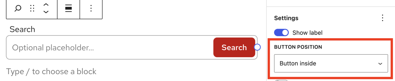 WordPress Search block with the button placed inside of the search field