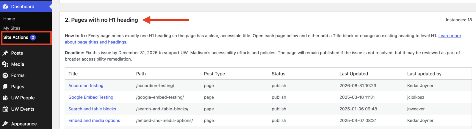 List of pages missing an H1 heading in the Site Actions dashboard