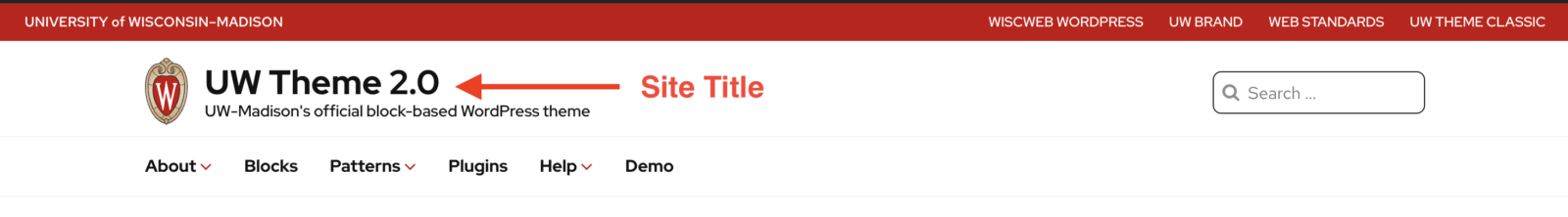 Site Title in the main header area of the UW Theme 2.0 website