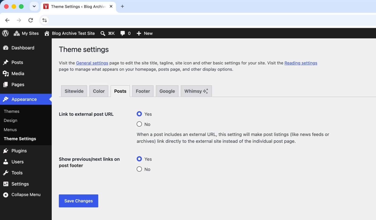 Theme settings with Posts panel open