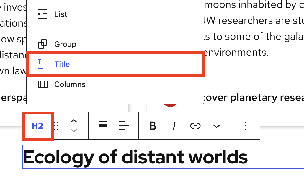 H2 transform menu open with title selected