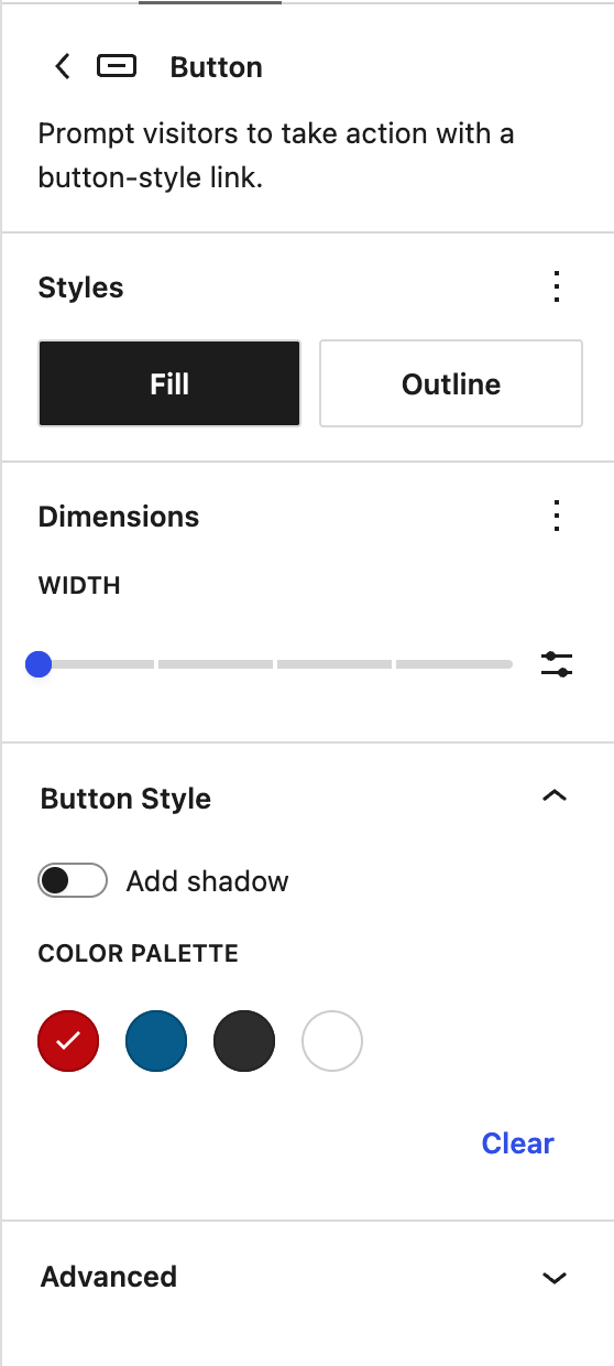 Button block style options and settings