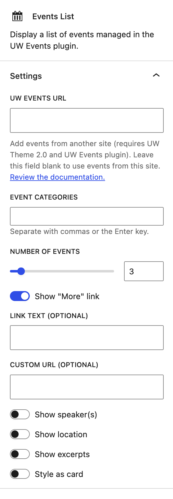 UW Events List blocks settings in the WordPress editor view