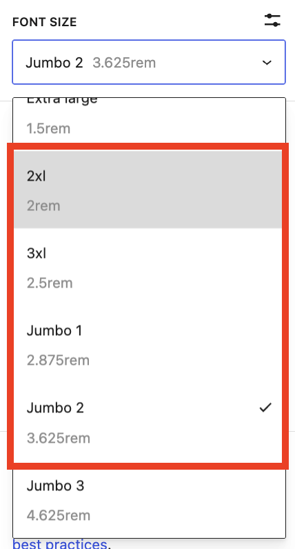 Font size menu showing the recommended size options from 2XL through Jumbo 2.