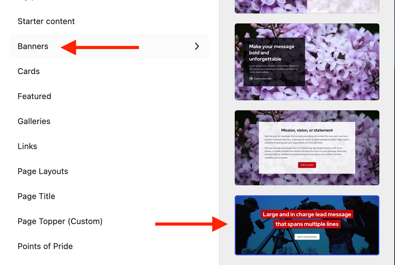 WordPress pattern inserter showing the Banners category and a selected heading highlight pattern.