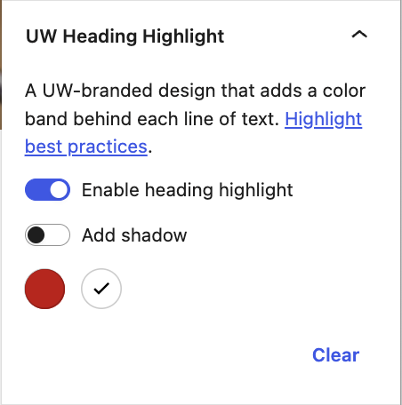 UW Heading Highlight settings with the highlight enabled, white selected, and shadow turned off.