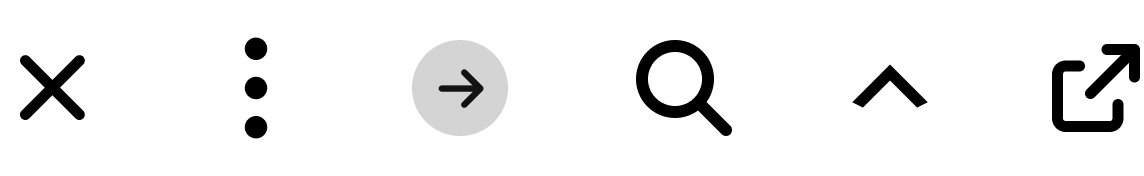 Examples of UI icons including an X, three dot ellipsis, arrow in a circle, magnifying glass, up-pointing caret, and an "open in new tab" icon