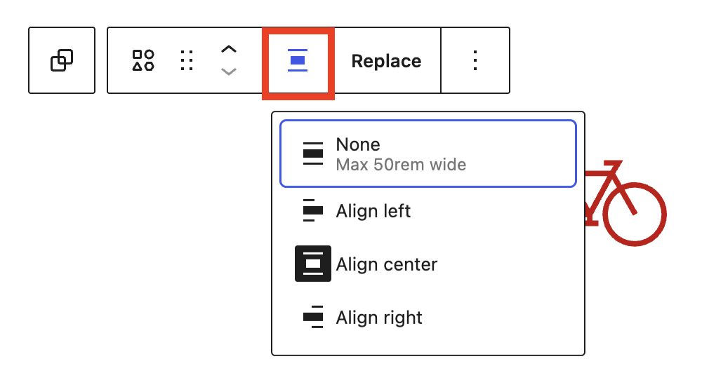 The Align menu open in the Icon block toolbar, with options None, Align left, Align center, and Align right.