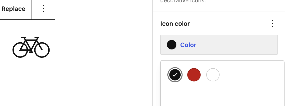 Icon color is open, showing black, red, and white, with red selected.