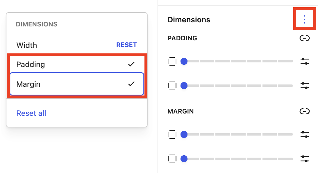 Dimensions options menu with Padding and Margin selected.