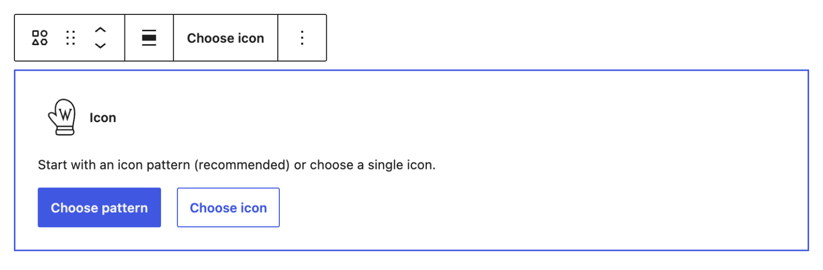 The Icon block in the editor with the prompt “Start with an icon pattern (recommended) or choose a single icon” and two buttons: Choose pattern and Choose icon.