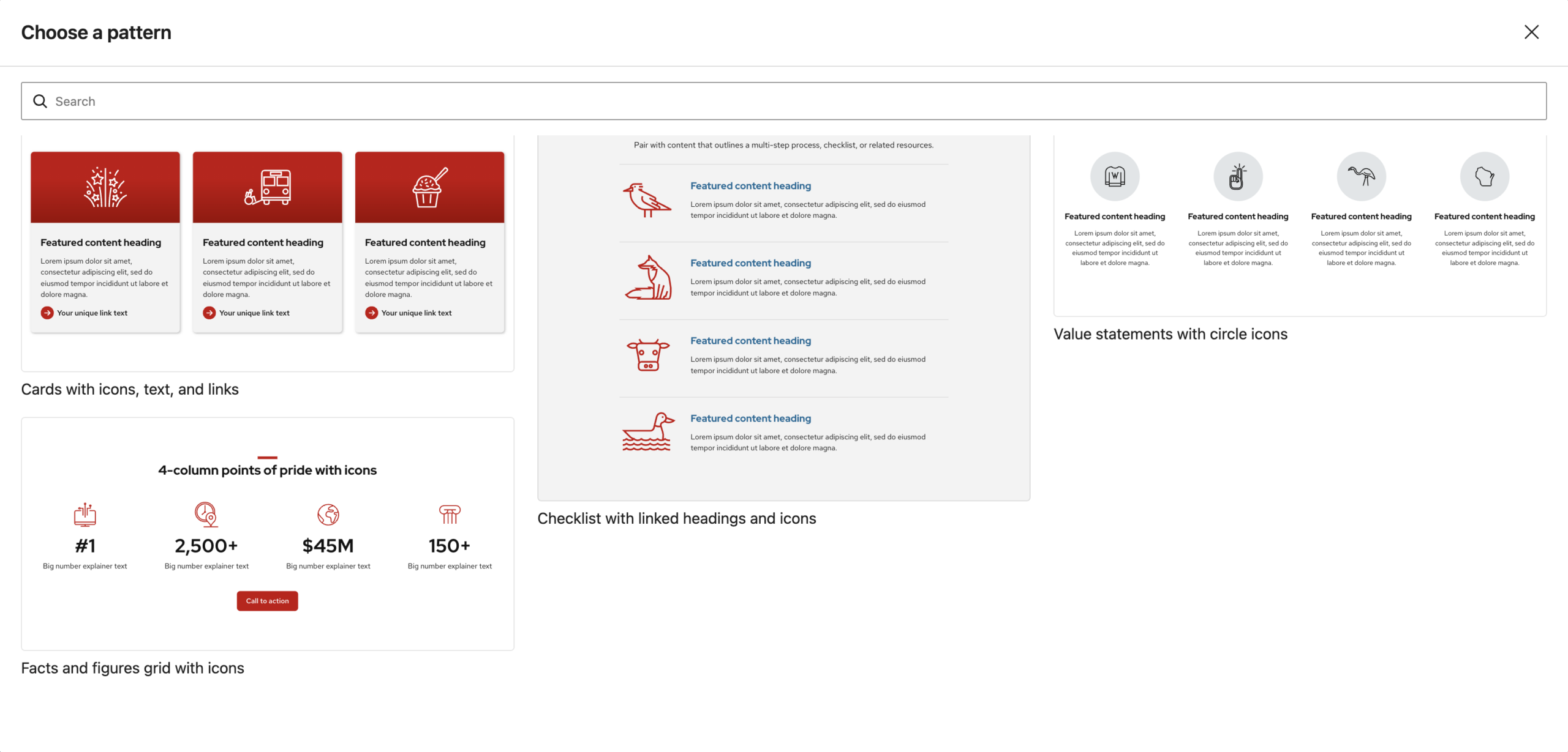 Screenshot of patterns window in Icons block showing four different patterns to choose from