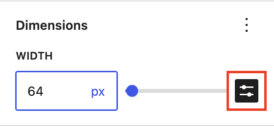 Dimensions panel with Width set to 64 px, a slider, and the custom size button outlined in red.