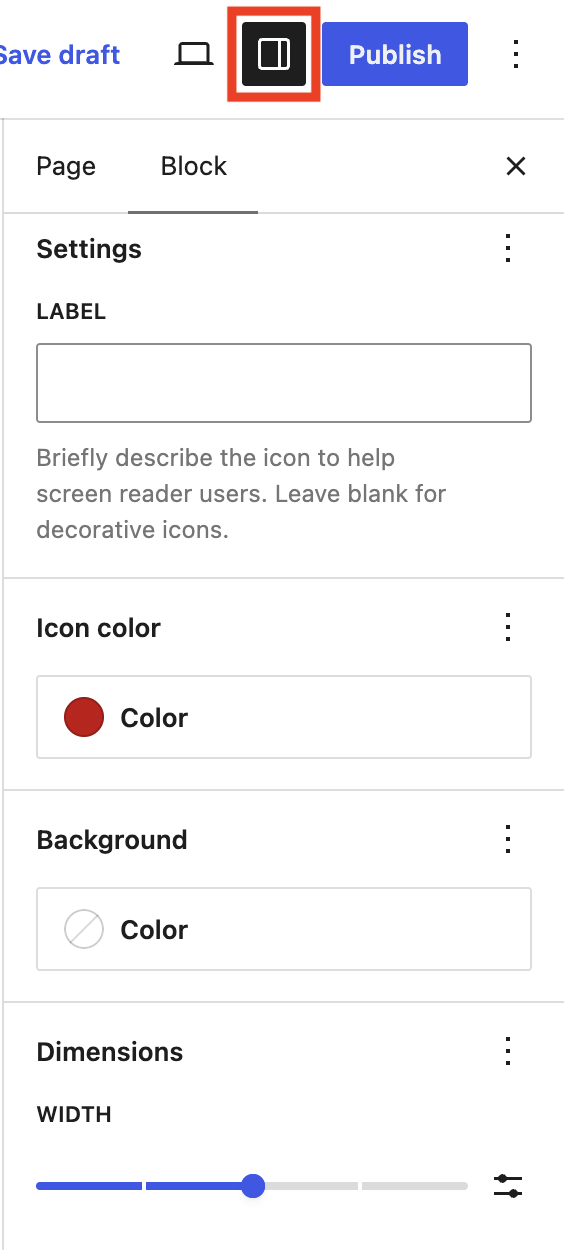 The Icon block toolbar, with buttons for alignment and replacing the icon.