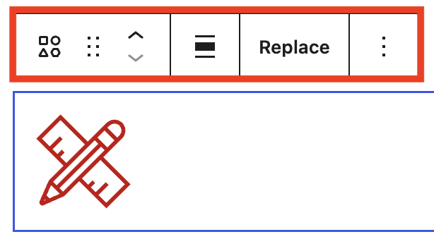 The Icon block toolbar, with buttons for alignment and replacing the icon.