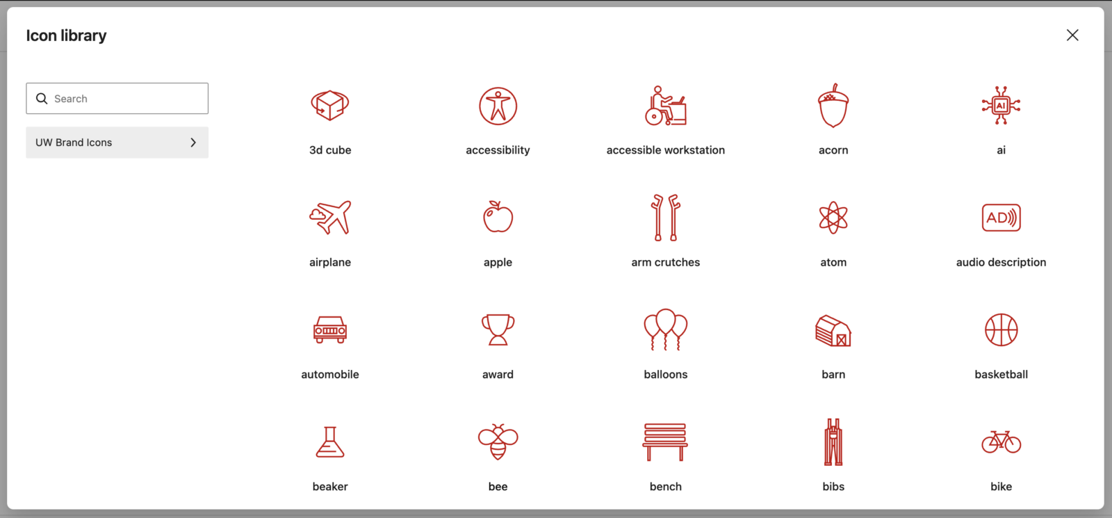 The Icon library window, with a search field and the UW Brand Icons category on the left and a grid of labeled red icons on the right.