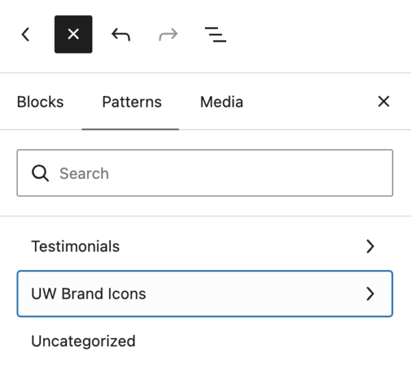 Screen shot of Patterns tab of Block Inserter showing the "UW Brand Icons" category